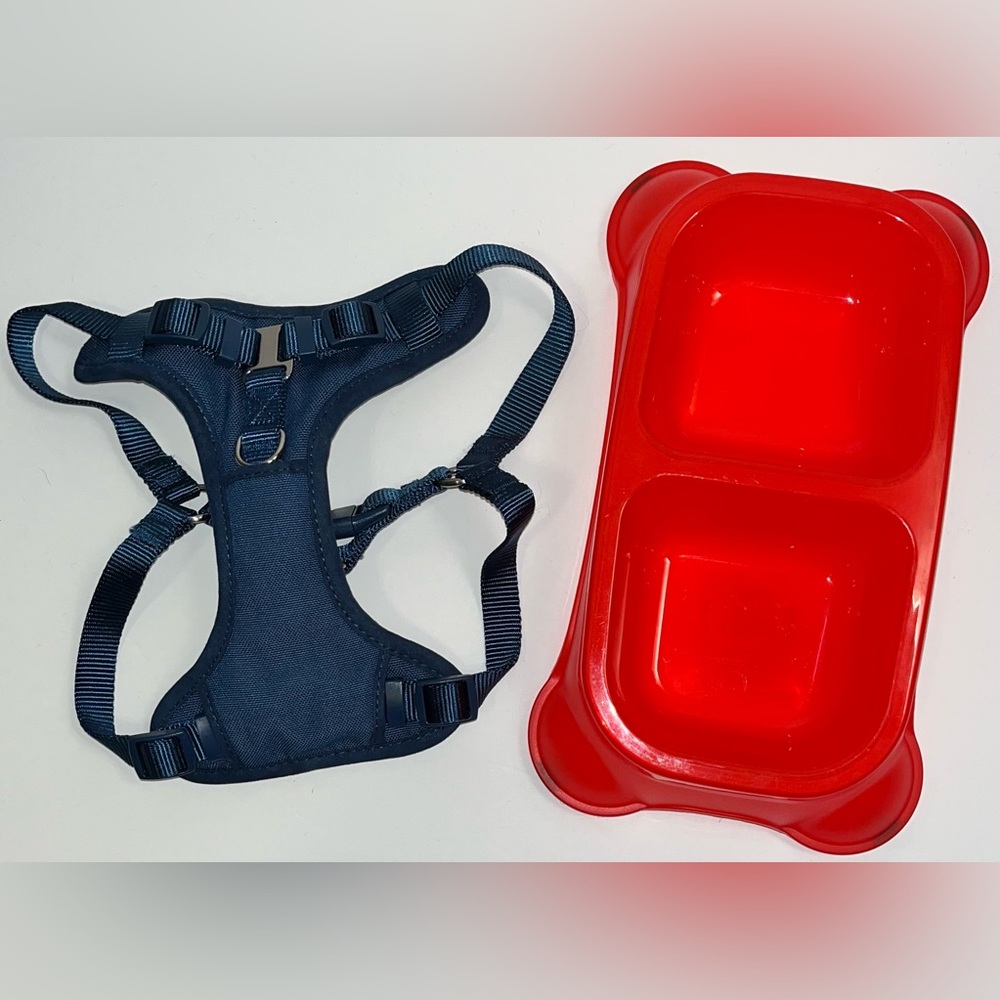 Navy Blue Padded Dog Harness Size Small w/Free New Red a Double Sided Bowl.